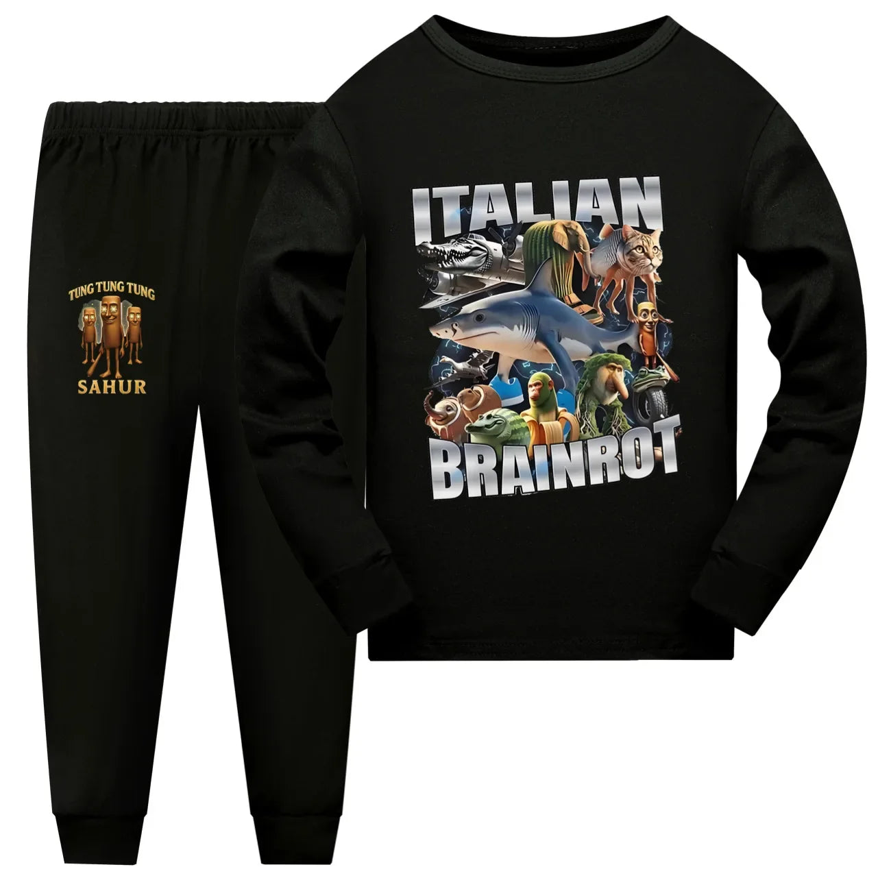 Italian Brainrot Meme Clothes Kids Cartoon Tung Sahur Pajama Sets Boys Long Sleeve Tops Legging 2pcs Set Girls Casual Sleepwear