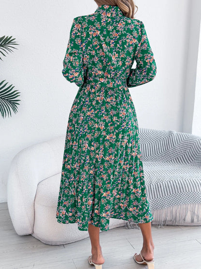 Floral Stand Up Collar Bridesmaid Dress 2026 Spring Summer Elegant Long Sleeve Waist Cinched Pleated Dresses Valentine's Day