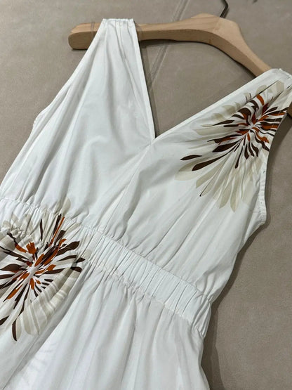 V-Neck Cinched Waist Dual Color Printed Sleeveless 100% Cotton Romantic Dress