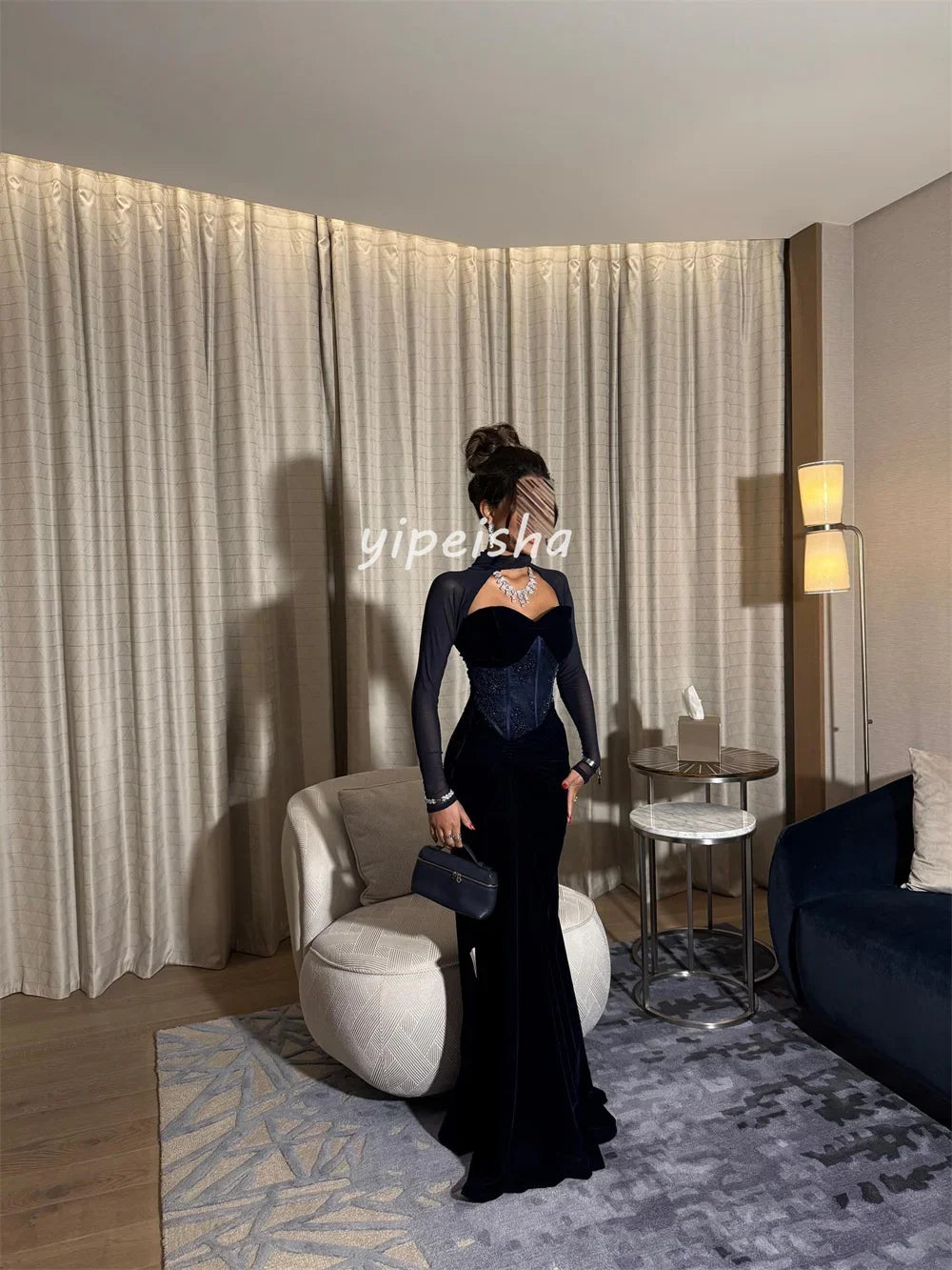 Customized Sexy Fashion Velour Beading Sequined Mermaid Square Neck Long Dresses Bespoke Occasion Dresses Sizes Available Retro