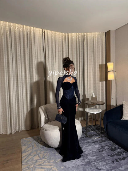 Customized Sexy Fashion Velour Beading Sequined Mermaid Square Neck Long Dresses Bespoke Occasion Dresses Sizes Available Retro