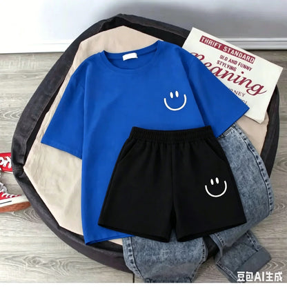 2026 New Summer Smiling Face Print Kids T-shirt Set Short-sleeved Pure Cotton Loose Basic Versatile Cool Simple Kids Outfit Tops