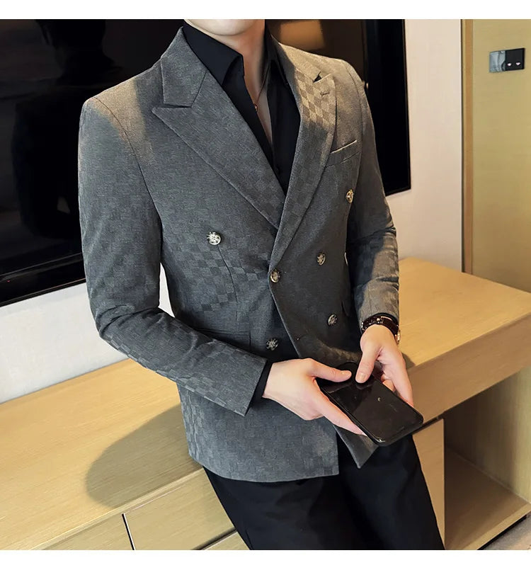 6 Color Luxury Double Breasted Blazers Coats 2024 New Fashion Checkered Business Slim Fit Social   Formal Suit Jacket 5XL-M