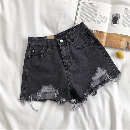 Korean Fashion Cowboy Shorts Women's Summer Casual High Waist Blue Denim Shorts Pocket Tassel Perforated Pants Y2K Female Jeans