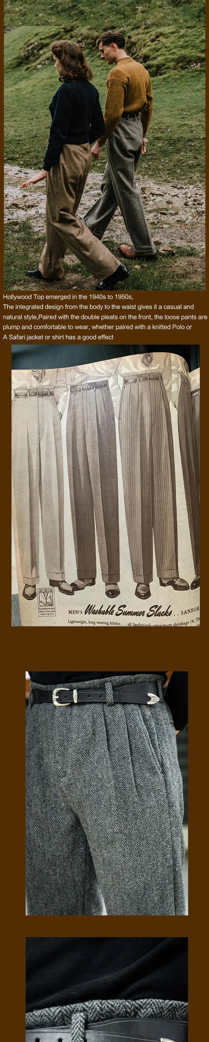 American Vintage Hollywood Waist Wool Tweed Casual Pants Hollywood Classic Loose Straight Leg Pants