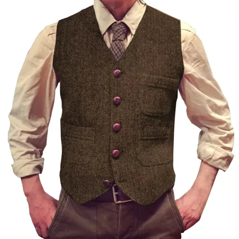 Herringbone Men Vest Dark Green Tweed Slim Casual Business Waistcoat For Wedding Party Banquet Work Prom Set Men Suit