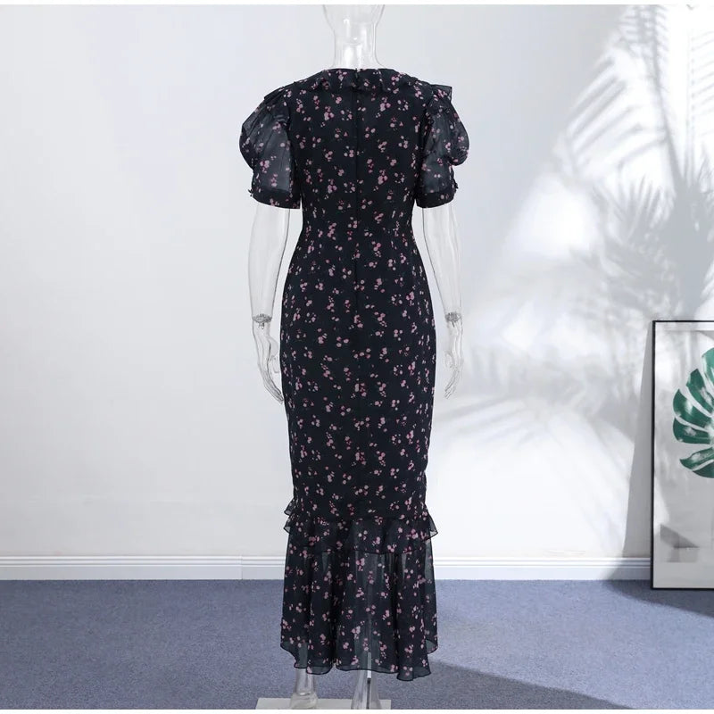 Floral Print Women's Summer Ruffle Dress Sexy V-neck Short Puff Short Sleeve Beach Slim Female Dress 2026 Holidays Lady Robe