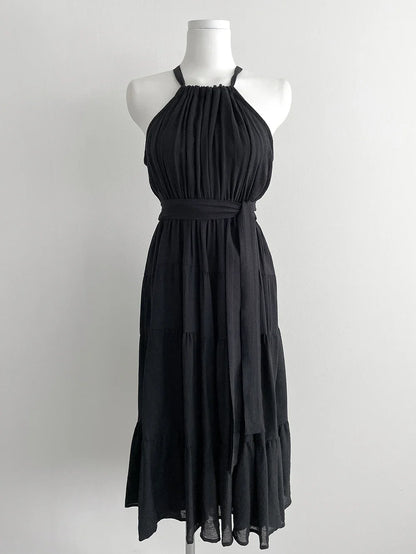 Korean Style Summer Slimming Necktie Waist Cinched Sleeveless Vest Long Dress Women's Fashionable Commute Style Inner Wear
