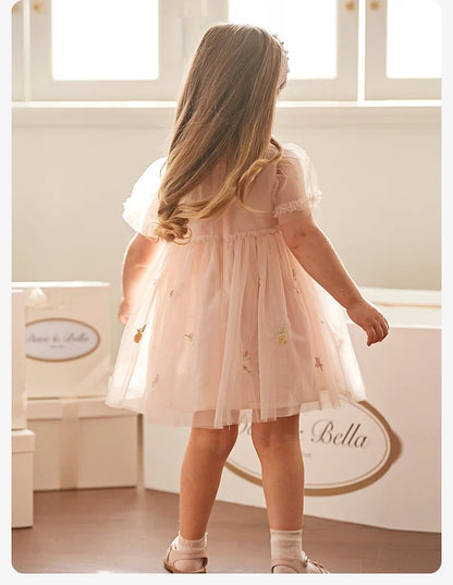 Children's Princess Dress for Girls 2025 New Summer Floral Puff Sleeves Mesh Charm Noble Cute Sweet Party DB2240549