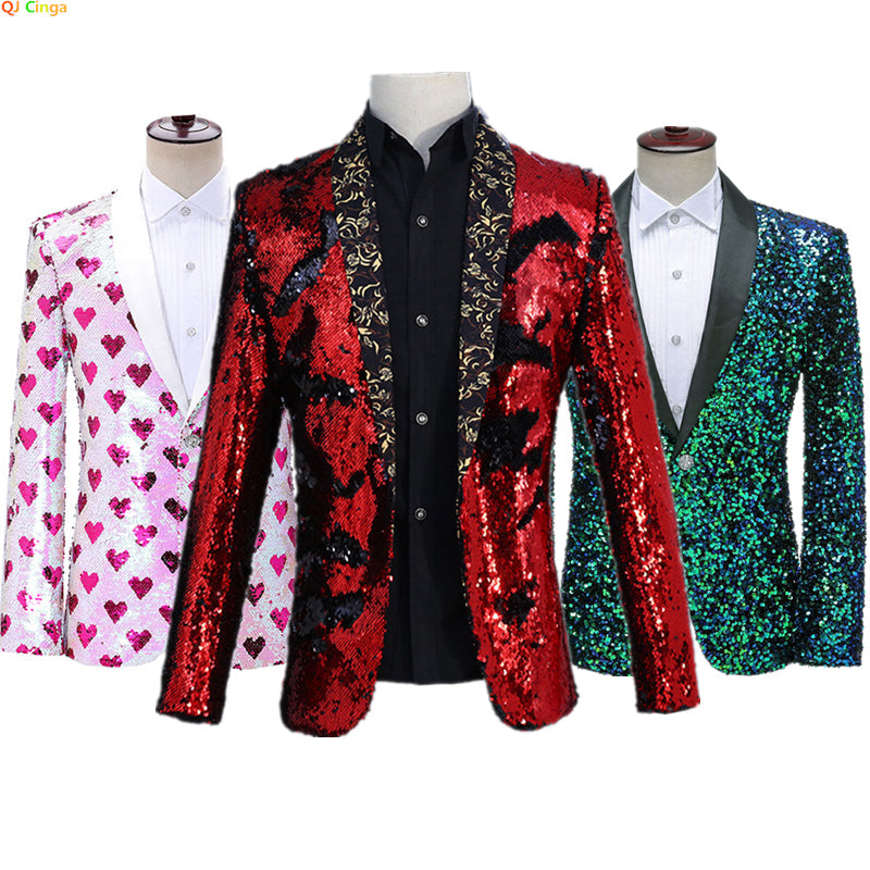 2026 New Men's Red Suit Jacket, Wedding Party Slim Dress Coat, Sequin Decoration Luxurious Blazers Blue Green Terno Masculino