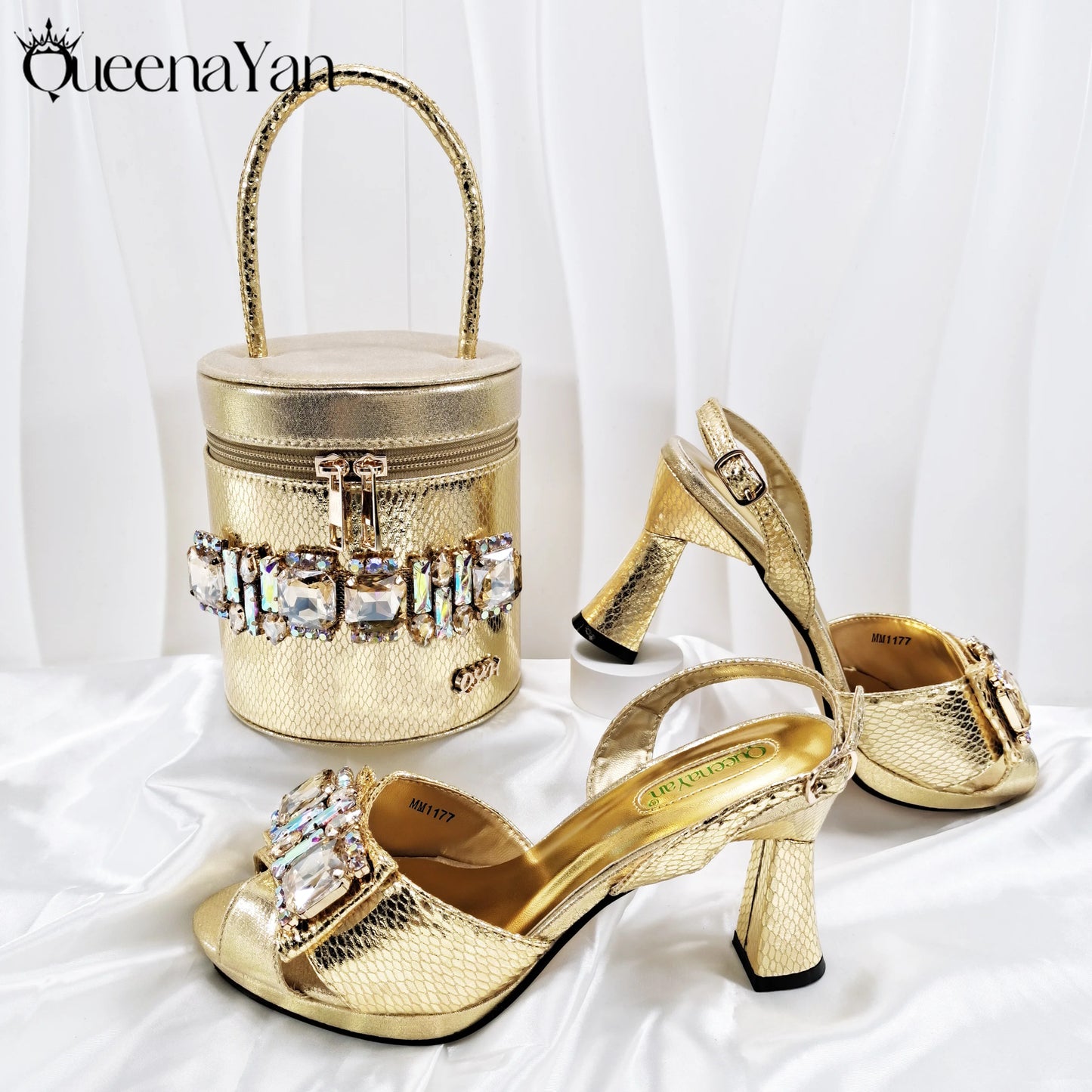 Nigerian-Inspired Rhinestone High Heels With Colourful Bucket Bag Fashionable Womens Footwear And Accessories Set