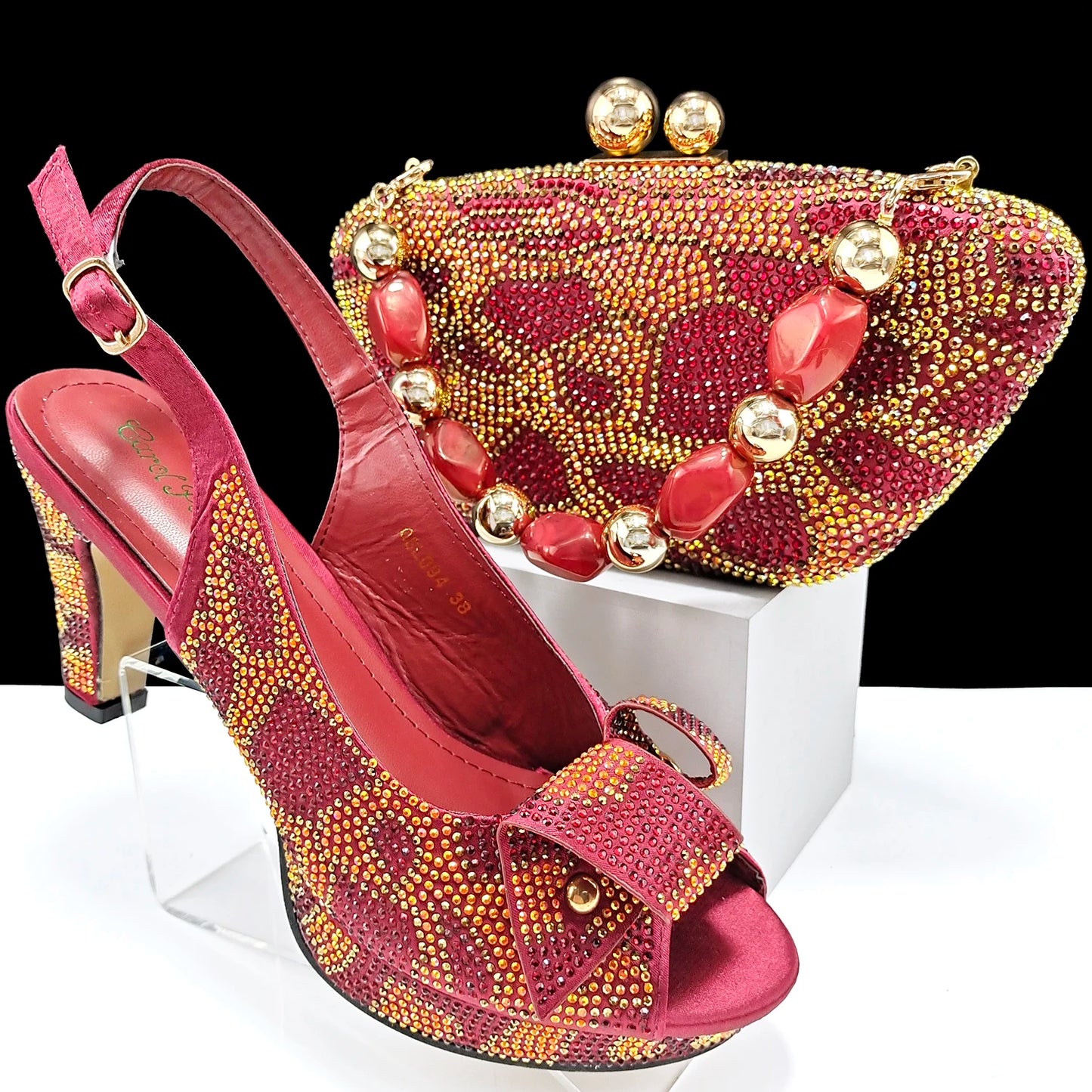 Italian Design Hard Bag & Open Toe High Heels Set Fuchsia Color Blocking Hot Rhinestones Fashion Sexy Women High Heels