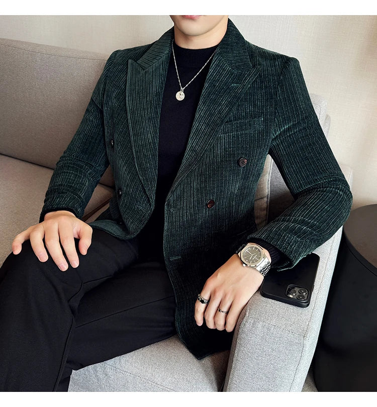 Autumn Winter New Men Corduroy Suit Jackets Double-Breasted Striped Slim Fit Casual Coats High Quality Formal Business Tailcoat