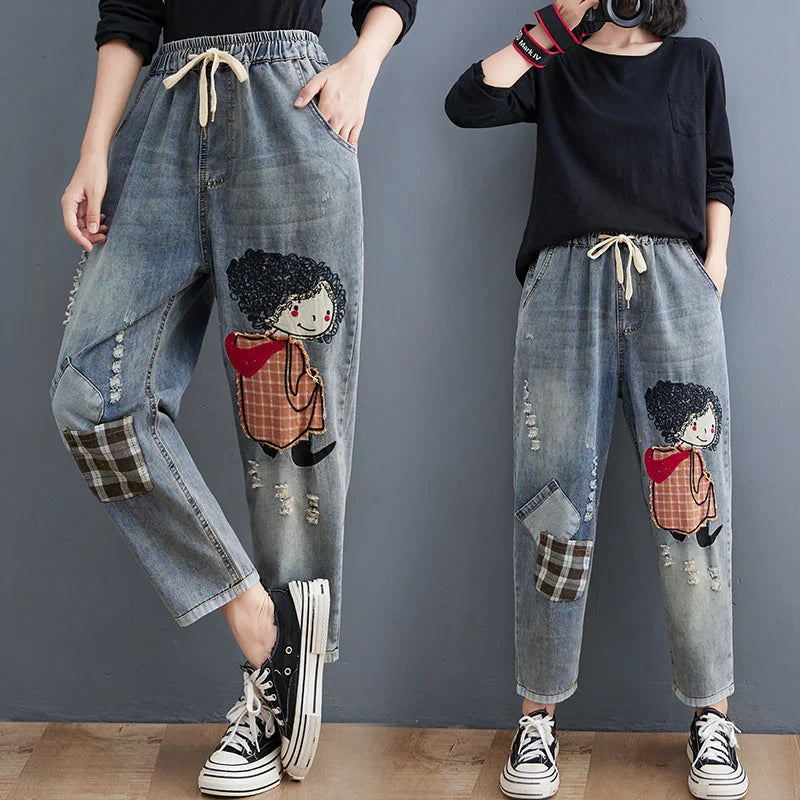 Elastic Waist Patchwork Embroidered Denim Harem Pants Women's Loose plus Size Fat MM Nine-Piece Cabbage Pants Autumn Season