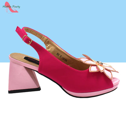 2024 New Arrivals Fashion Italian Design African Shoes and Bag to Match Comfortable Square Heels for Party in Fuchsia Color