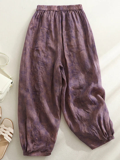 Retro Waterprint Linen Casual Nine-Piece Pants plus Size Women's Loose Elastic Waist Versatile Wide Leg Harlan Pants