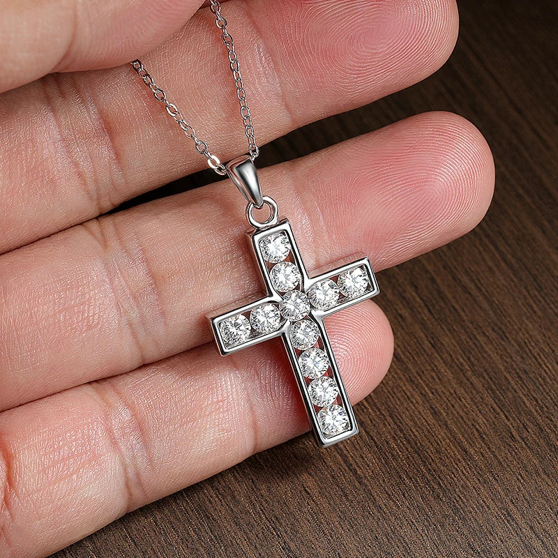 3.5mm Moissanite Cross Pendant Necklace Original s925 Sterling Sliver Plated 18k White Gold Fine Necklace for Women Man