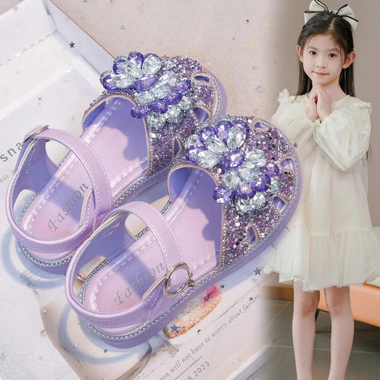 Girls Crystal Slip-On Shoes Soft Bottom Rhinestone Princess Flats Spring Autumn New Style Kids Lightweight Sweet Leather Shoes