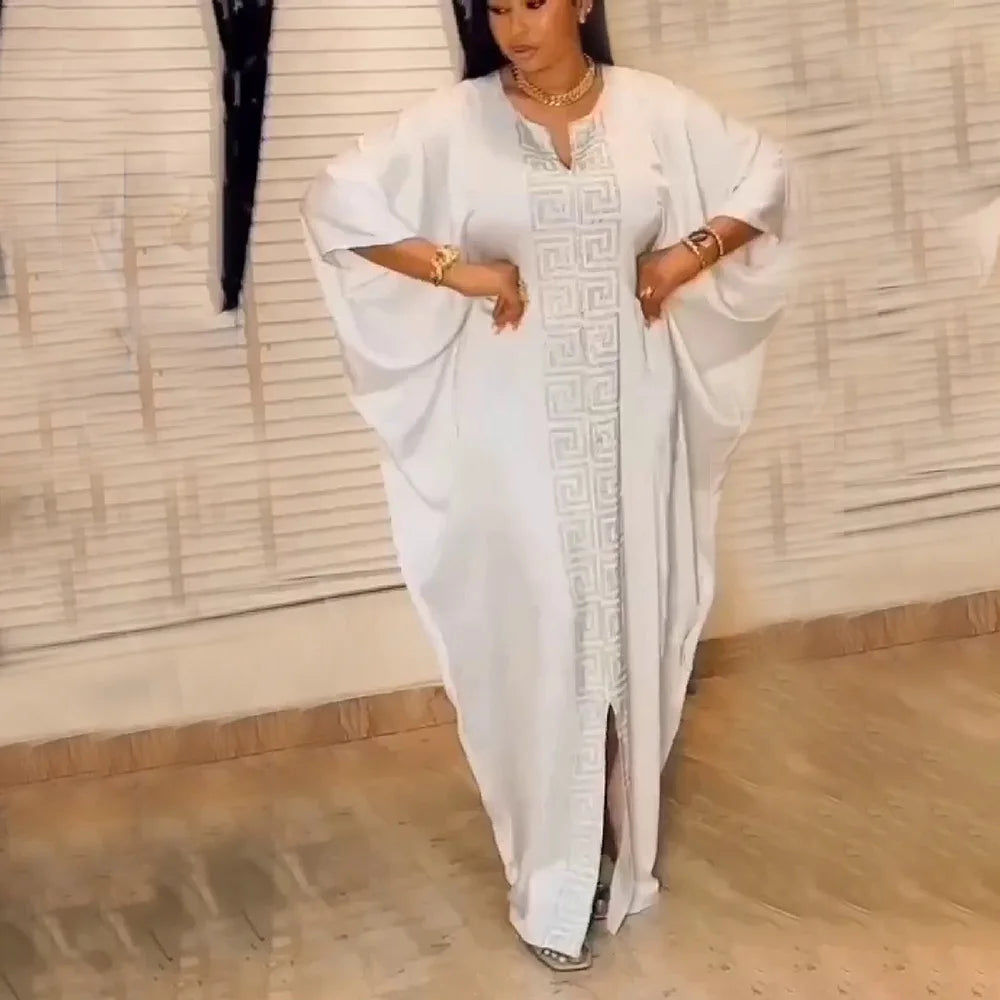 Fashion African Woman Large Size Bat Sleeve Dress Muslim Islamic Style Robe Imitation Silk Hot Fix Rhinestone