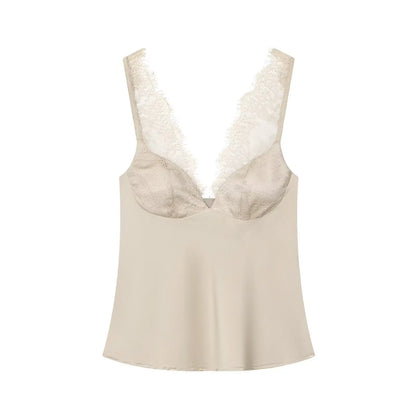 Elegant Women Lace Splice Sexy Satin Sling Tops 2026 Spring Summer Fashion Female V-Neck Backless Slimming Underwear Vest