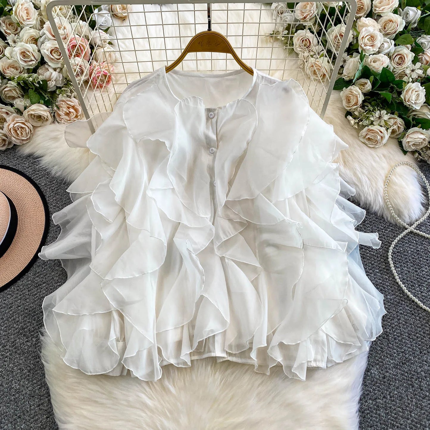 Autumn Blouse for Women Fashion O-neck Long Puff Sleeve Flounced Edge Shirts French Chic Versatile Female Tops Dropshipping