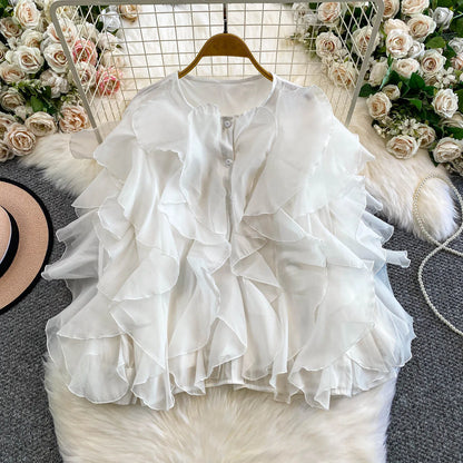 Autumn Blouse for Women Fashion O-neck Long Puff Sleeve Flounced Edge Shirts French Chic Versatile Female Tops Dropshipping