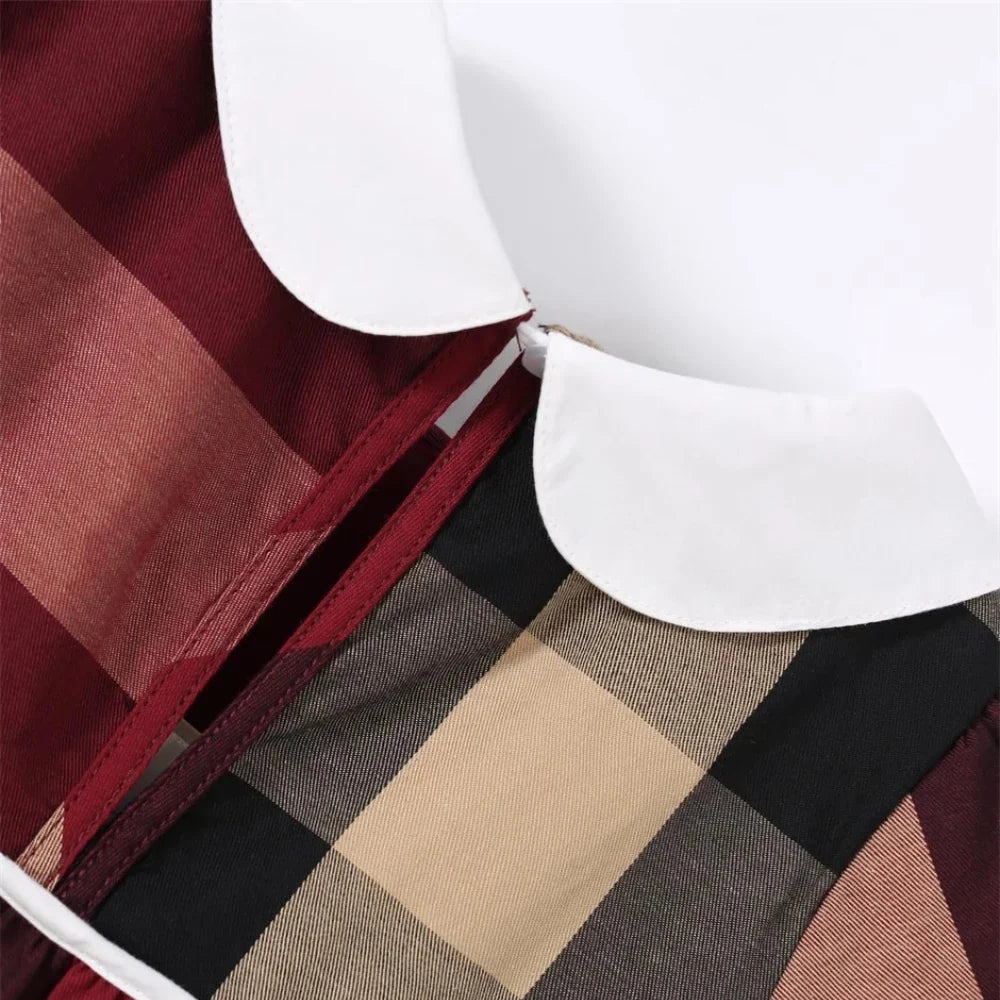 Summer Short Sleeves Kids Girl's Dress Long Sleeves Retro Style Red Plaid Striped Doll Collar Princess Doll Dresses Kids Clothes