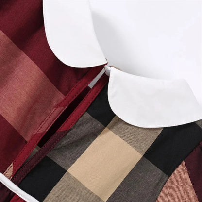 Summer Short Sleeves Kids Girl's Dress Long Sleeves Retro Style Red Plaid Striped Doll Collar Princess Doll Dresses Kids Clothes