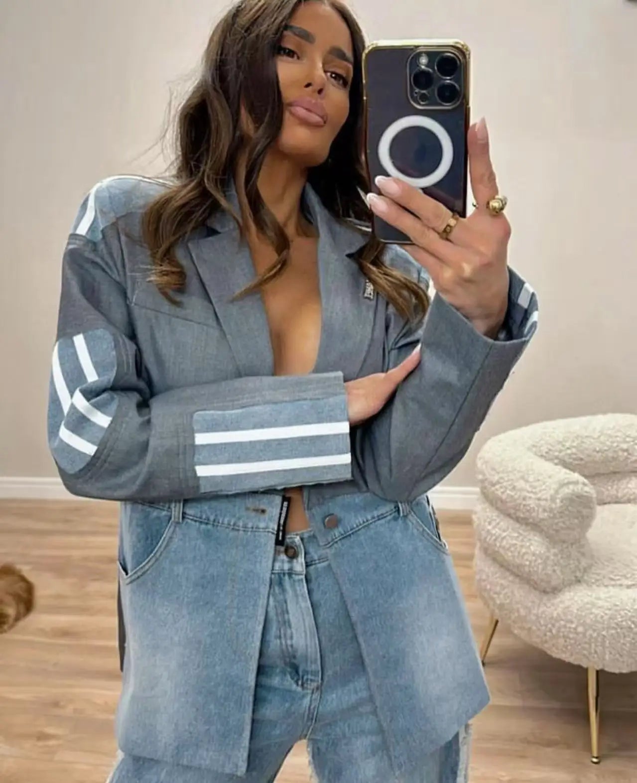 Autumn New Korean-style Fashion Women's Denim Patchwork Notched Single-button Design Suits High Street Casual Blazers