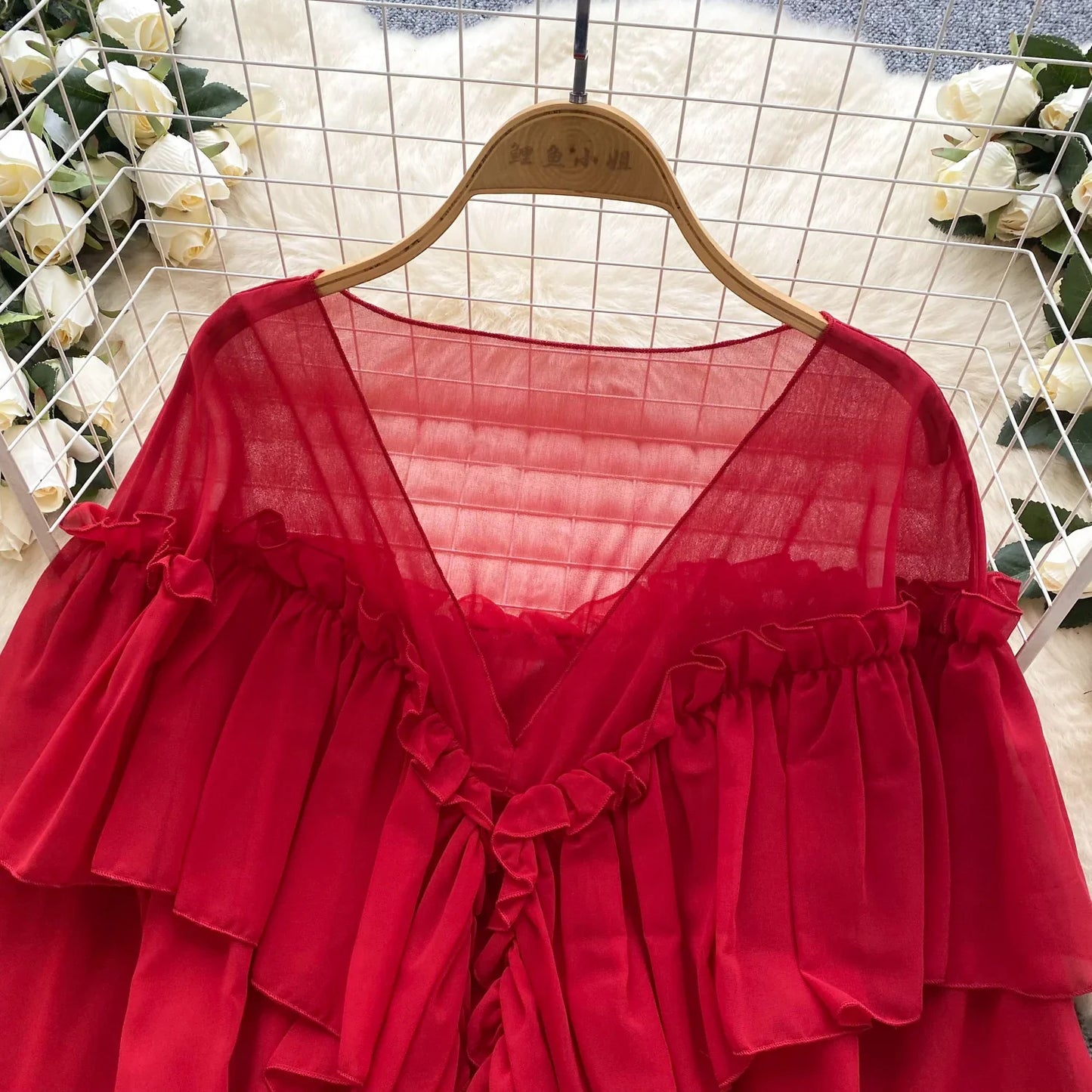 Chic Ruffles Splice Chiffon Blouse V Neck Flared Sleeve Loose Tops 2025 Fashion Solid Fairycore Vacation Women Shirt