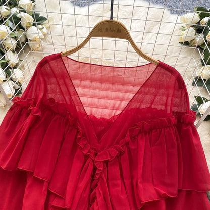Chic Ruffles Splice Chiffon Blouse V Neck Flared Sleeve Loose Tops 2025 Fashion Solid Fairycore Vacation Women Shirt