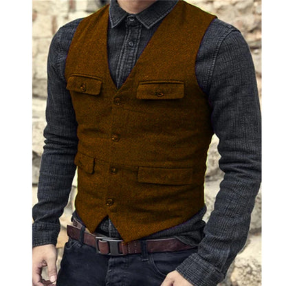 Men Vest V Neck Classic Steampunk Suit Wool Tweed Notch Lapel Thick Tweed For Wedding Groom Banquet Waistcoat