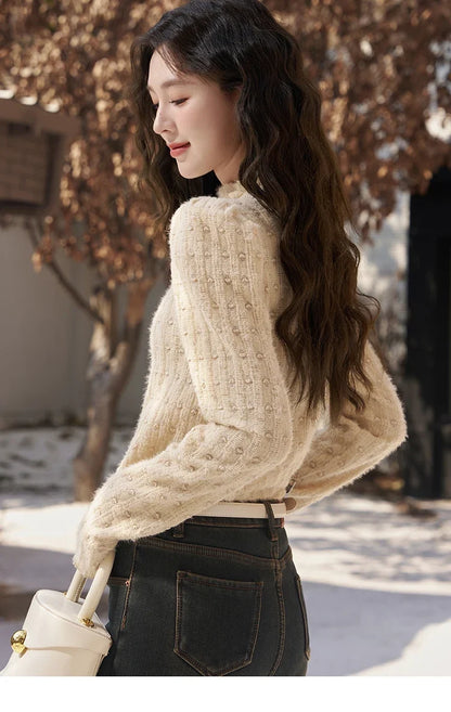 Lace Bottoming Shirt Women Autumn Winter Mock Neck Long Sleeve Knitted Pullover French Warm Inner Top Female MXC58Z0481