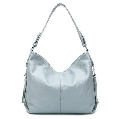 Elegant Beige Women Genuine Leather Handbag Hobo Bag Fashion Crossbody Tassel Big Capacity Shopper Tote Purse Sac Hot Sale