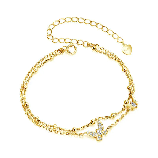 Bracelet Double Couche Papillon en Argent Sterling 925 Réglable avec Perles Superposées Zircon Cubique, Chaîne de Poignet Délicate, Cadeau de Fête pour Femme