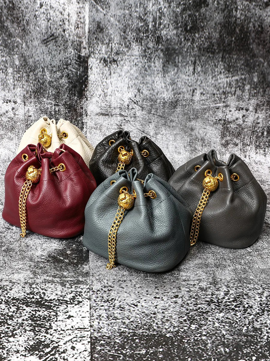 New Vintage Fashion Chain Bag Genuine Leather Multi-Way Bucket Bag for Women Compact Stylish Crossbody Purse