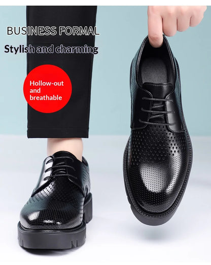 Summer Hollow Out Breathable Men Height Increasing Oxford Shoes 8/10CM Formal Business Dress Wedding Party Elevated Leather Shoe