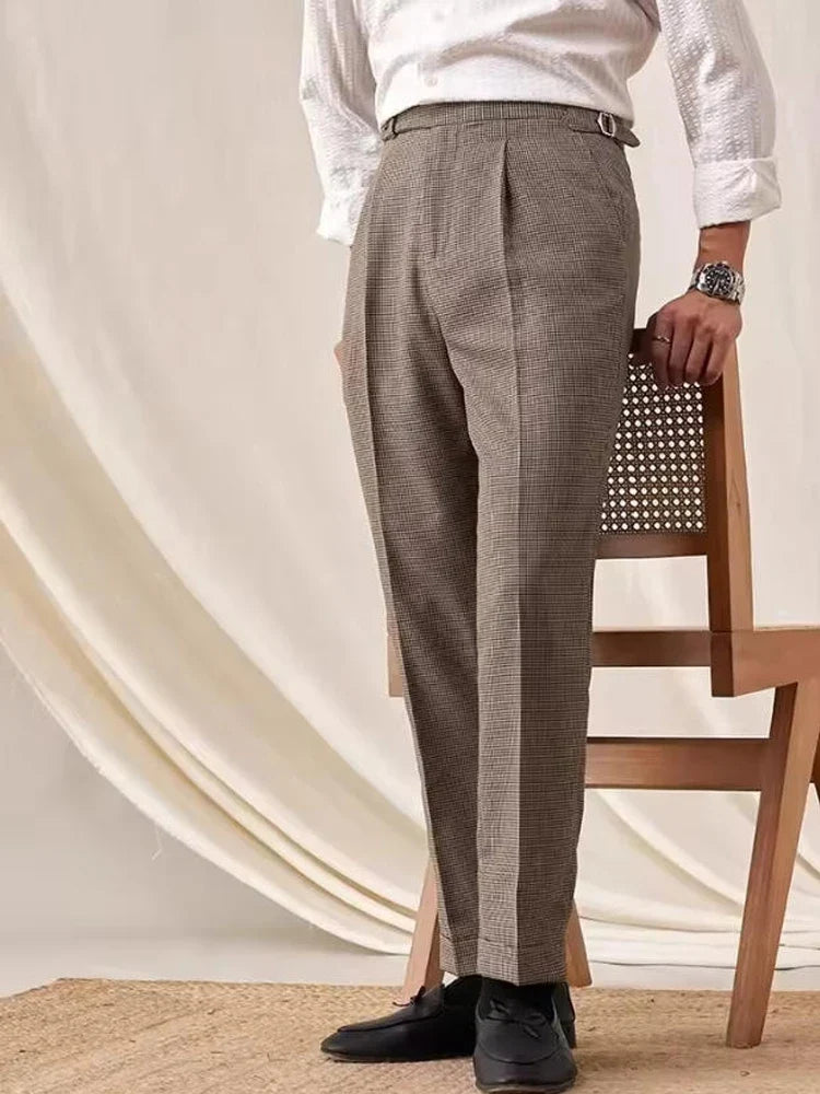 Grid Straight Leg Mens Suit Pants Houndstood Formal Dress Pants Italian Style Single Trousers Business Casual Pant For Man