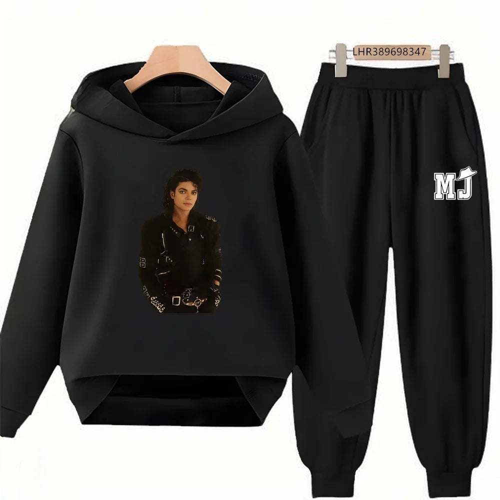 Children's Hoodie+Pants Suit Black 3-12 Years Girl Sweatshirt Sets Boys Pants Suits Michael Jackson Printing Autumn Clothing