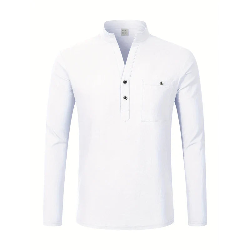 Men Mandarin Collar Long Sleeve Henley Cotton Linen Shirt Chest Pocket Breathable Beach Travel Daily Casual V Neck Top