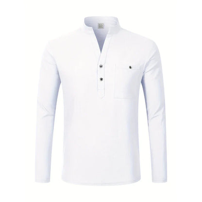 Men Mandarin Collar Long Sleeve Henley Cotton Linen Shirt Chest Pocket Breathable Beach Travel Daily Casual V Neck Top