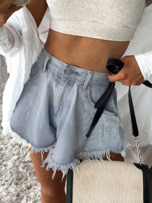 2026 New Umbrella Denim Shorts Women High Waist Blue Tassel Jean Booty Shorts