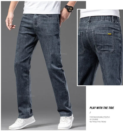 Spring Summer Thin Men's Classic Jeans Elastic Loose Straight Cotton Casual Denim Trousers Brand Clothing Business Male Pants