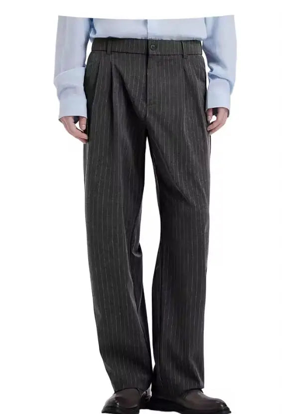 Stripe Men's Pants Slant Pockets Pleated Wide Leg High Waist Loose Fit Button Fly Business Casual Daily Office All-Match Trouser