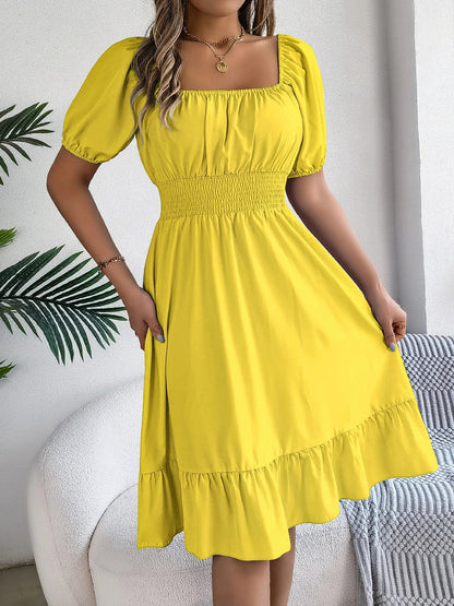 Spring Summer Elegant High Waisted Dress Square Neck Short Sleeved Ruffled Edge Long Dresses 2026 Valentine's Day Woman Clothing