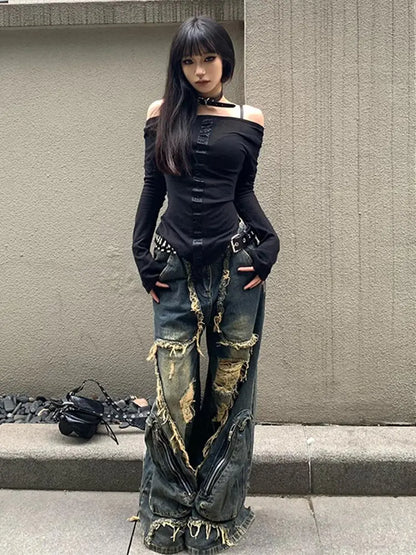 2024 Winter Punk Sexy Vintage Ripped Harajuku Loose Jeans Y2K Hollow Out Trashy Pants Women's BaggyTassels Denim Trouser