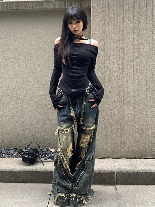 2024 Winter Punk Sexy Vintage Ripped Harajuku Loose Jeans Y2K Hollow Out Trashy Pants Women's BaggyTassels Denim Trouser