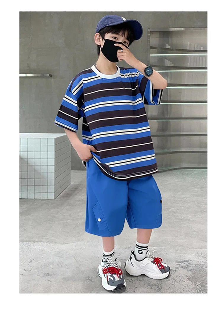 Elegant Children Summer Suit Outfit for Boy Striped Top and Bottom Set Kids Teenagers Cotton T-shirt Shorts 2 Pieces Clothes Set