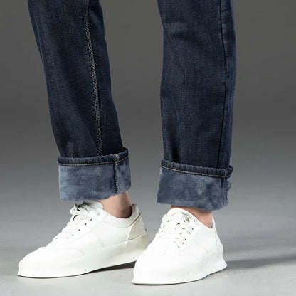 Winter Warm Fleece Jeans Men's Thick Thermal Casual Straight Denim Pants Male Business Work Stretch Trousers New Clothing