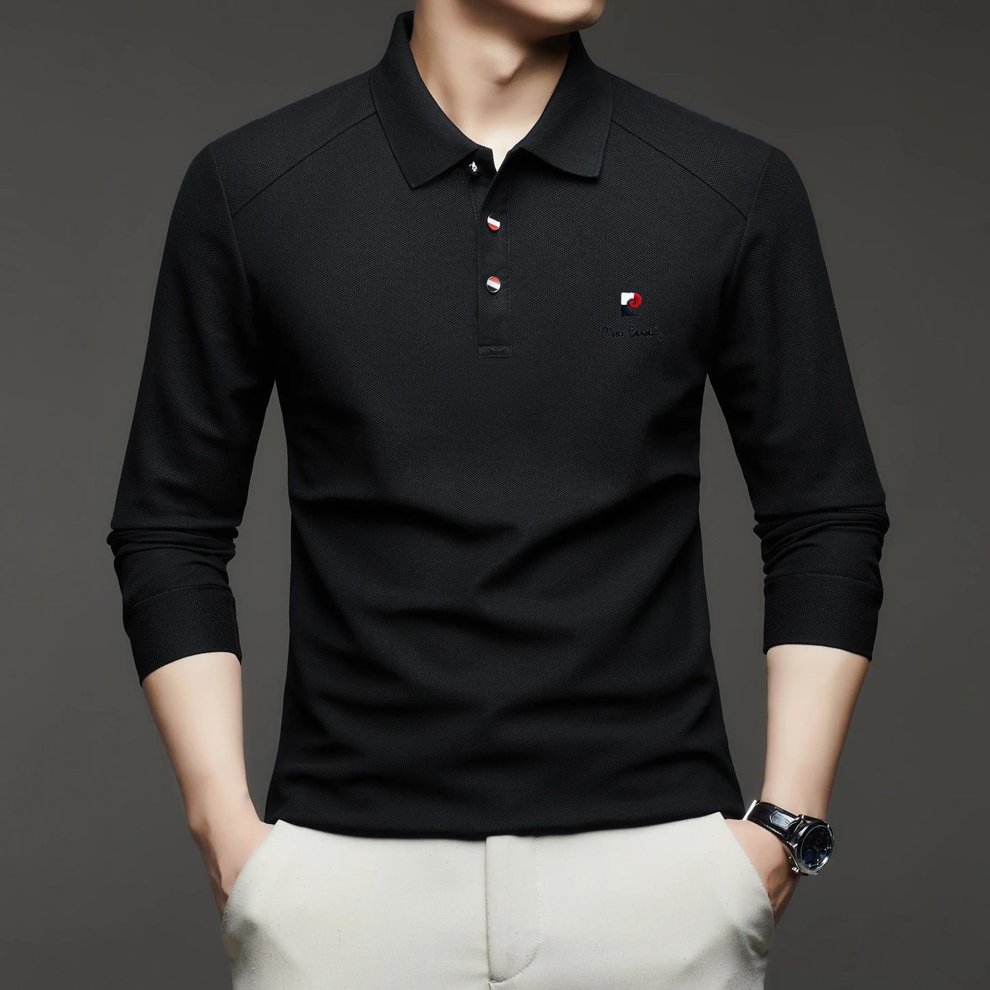 Original Design Men's Polo Shirt Lapel Long Sleeve T-Shirt Autumn New Solid Exquisite Letter Embroider Business Smart Menswear